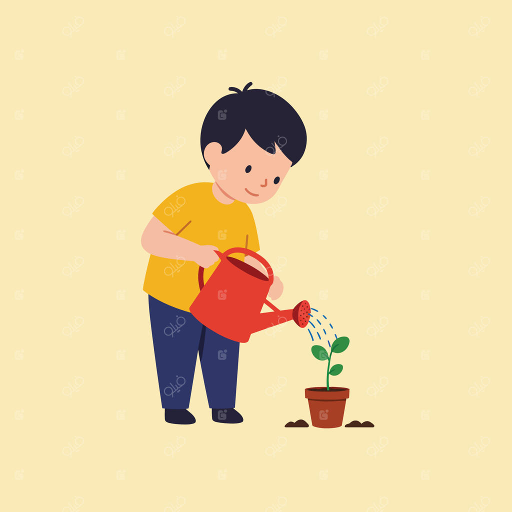 پسر بچه‌ای که با آب‌پاش قرمز به گیاه کوچک در گلدان آب می‌دهد و آن را پرورش می‌دهد (تصویرسازی)