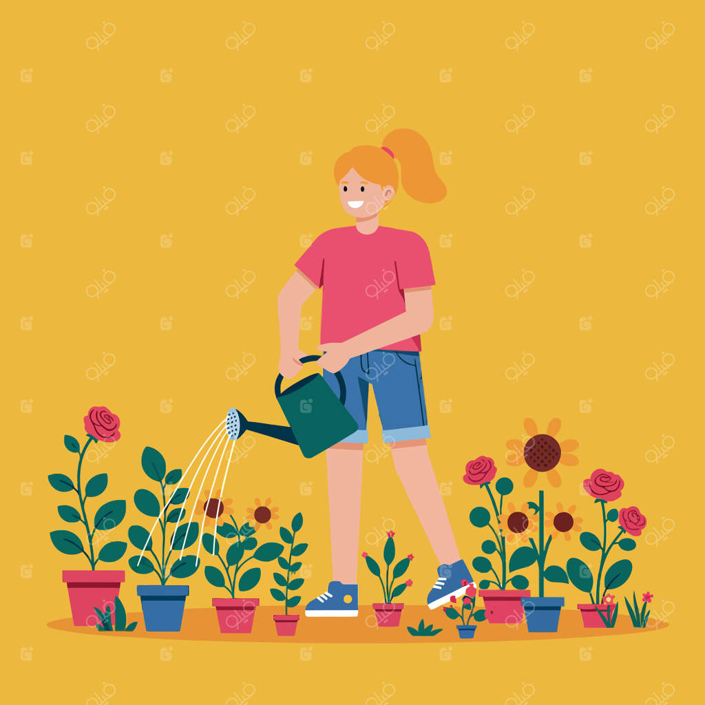 دختری در حال آبیاری گلدان‌های رنگارنگ در باغی زیبا، تصویر تخت