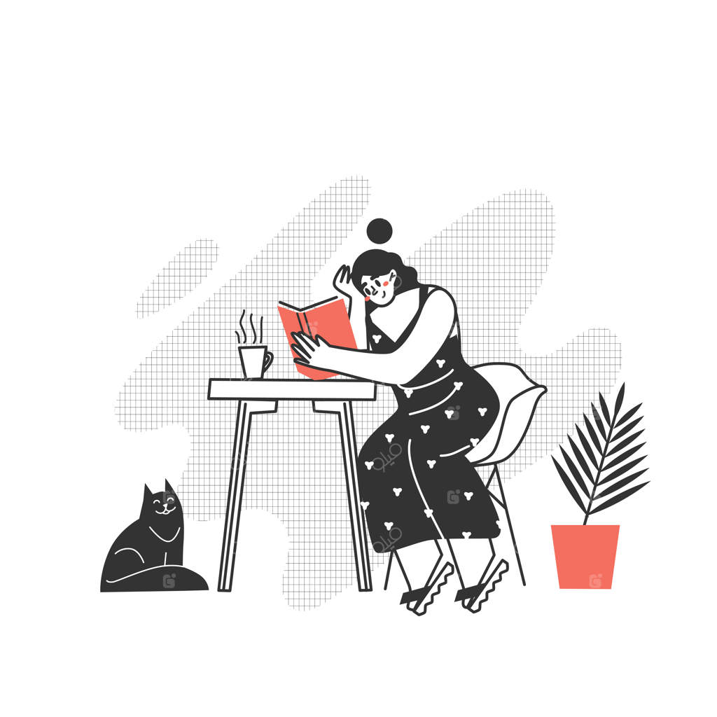 شخصیت در حال خواندن کتاب است. دختر سر میز کتاب می‌خواند. علاقه به خواندن نوشته‌های مدرن.