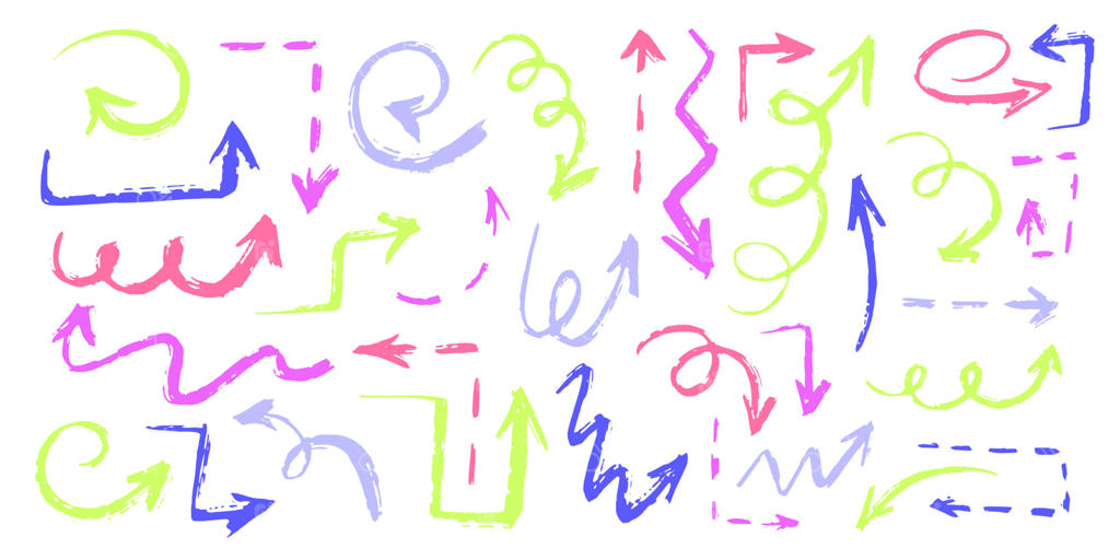 مجموعه‌ای از آیکون‌های فلش ترسیم شده با دست و رنگارنگ. طراحی فلش‌های خلاقانه برای برنامه‌ریزی کسب‌وکار و آموزش