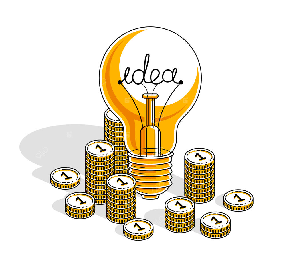 ایده خلاقانه تجاری: لامپ روشن با انبوهی از پول نقد و سکه. طراحی سه‌بعدی مالی و کسب‌وکار، تصویرسازی ایزومتریک و خطی.