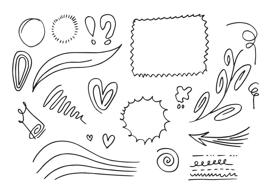 مجموعه‌ای از طرح‌های دستی بامزه مانند فلش، قلب، قاب، خط و تاج