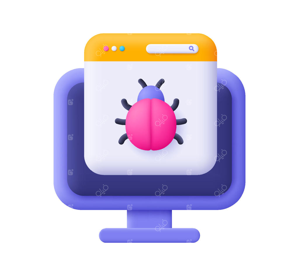 رایانه با صفحه وب و باگ: ویروس سایبری و بدافزار. مفهوم امنیت سایبری. آیکون سه‌بعدی. سبک کارتونی و مینیمال.