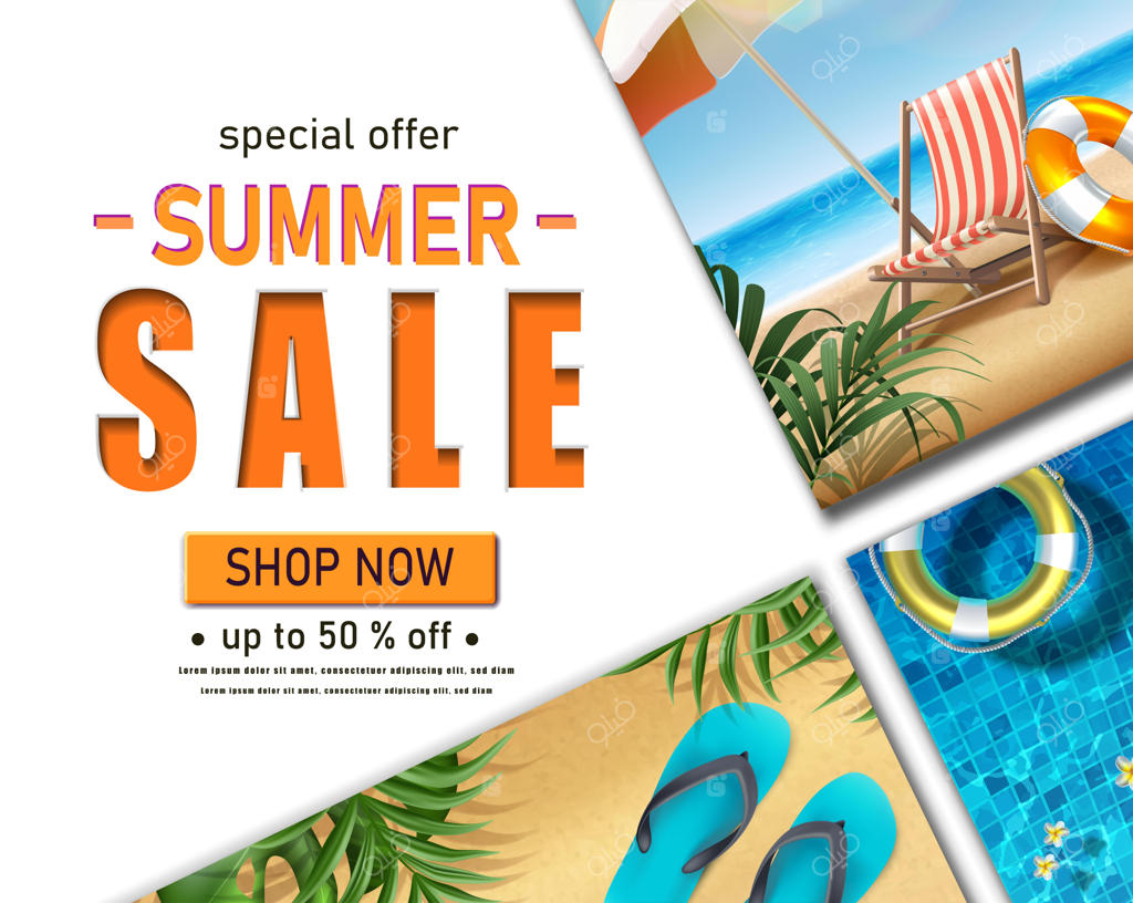 قالب افقی بنر حراج تابستانی با عناصر ساحل - تخت آفتاب‌گیر، چتر و دمپایی‌ها