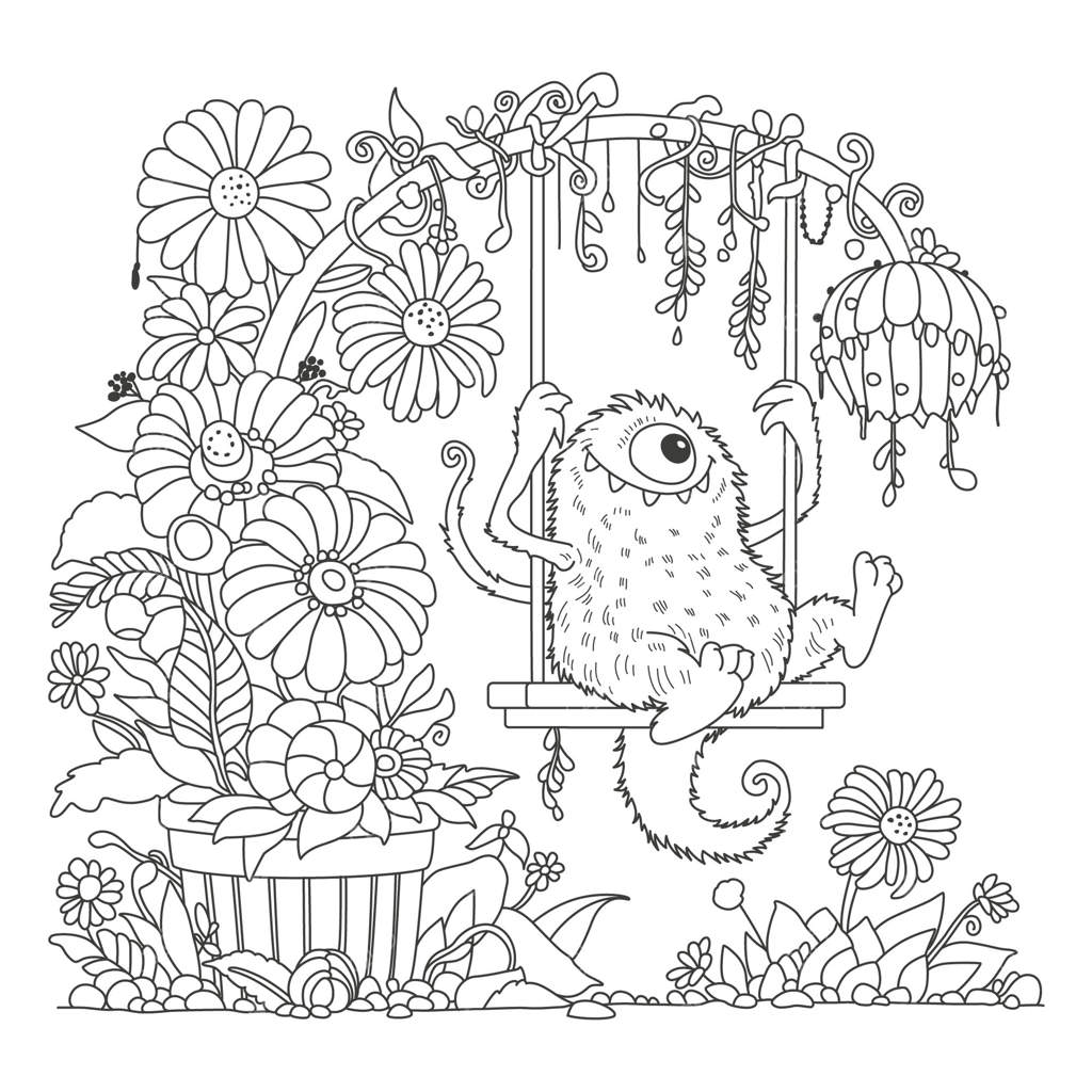 هیولای بامزه و خنده‌داری با یک چشم در یک باغ گل روی تاب تاب می‌خورد. صفحه رنگ‌آمیزی. هنر درمانی.