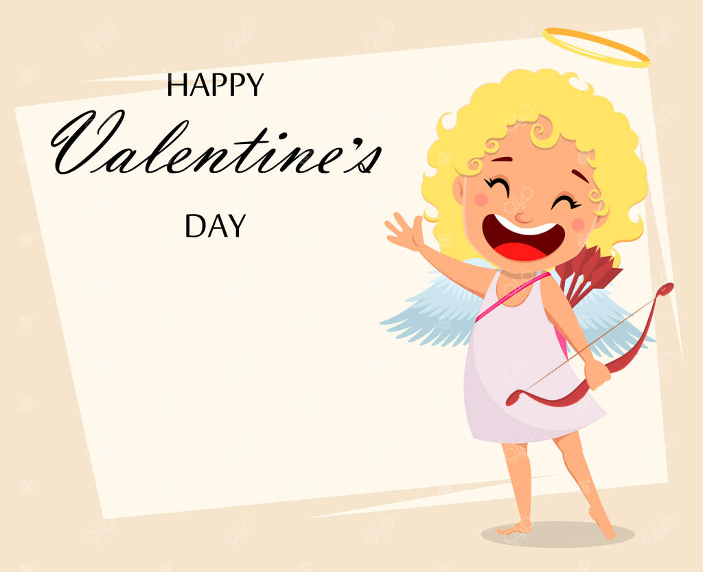 کارت تبریک روز ولنتاین: کیوپید با کمان و تیر عشق و دختر بانمک کارتونی