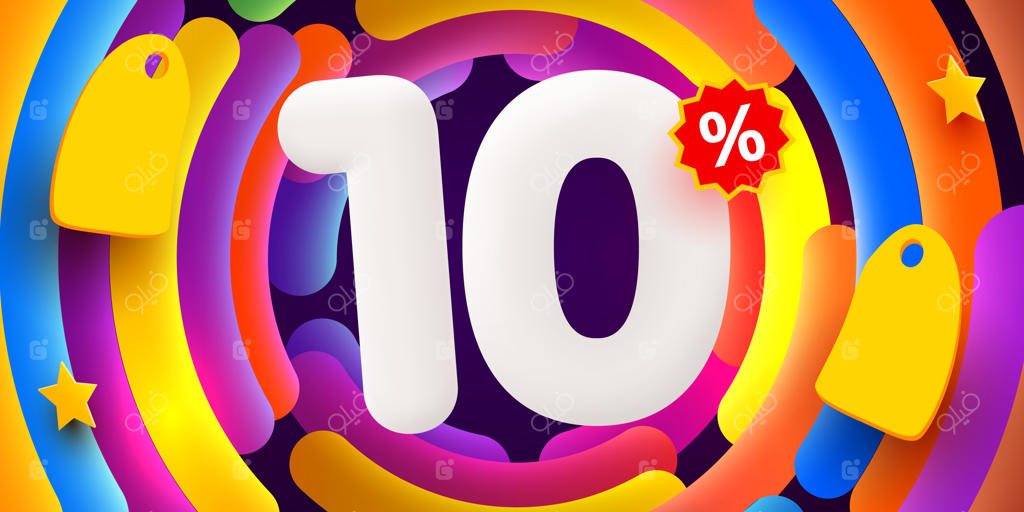 ترکیب‌بندی خلاقانه بنر و پوستر تخفیف ۱۰ درصدی با نماد سه‌بعدی فروش و اشیاء تزئینی