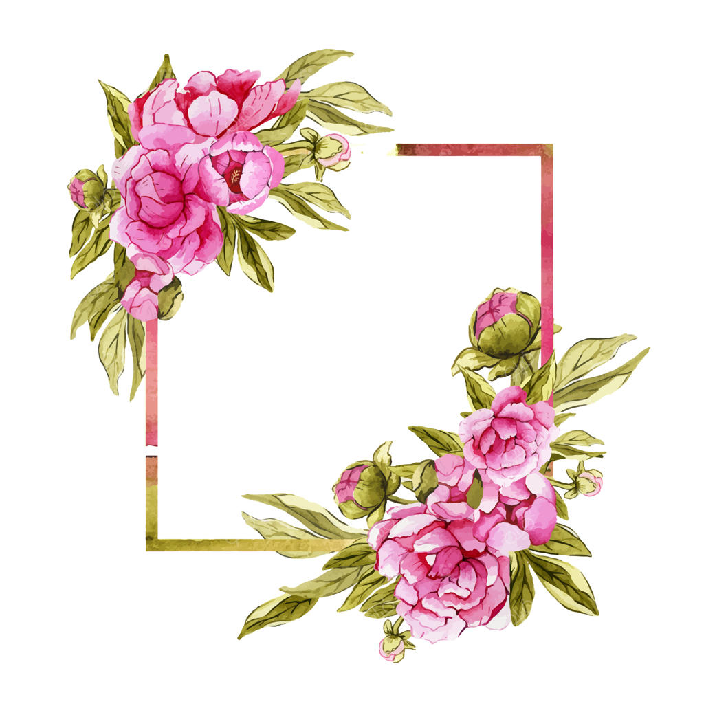 فریم مربعی زیبا با گل‌های صد تومانی صورتی آبرنگی