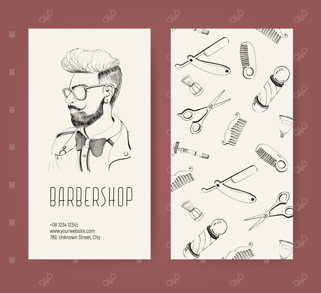 تراکت آرایشگاه با ابزار آرایشگری و مدل موی مردانه مد روز؛ تصویرسازی تک‌رنگ