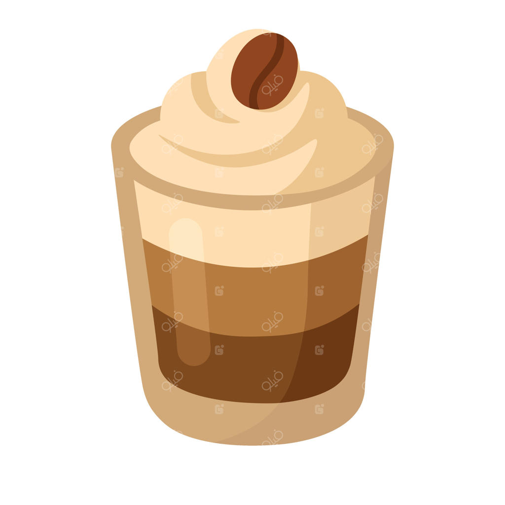 دسر قهوه لایه‌ای در لیوان با خامه و دانه قهوه، تصویر آرامش‌بخش کافی‌شاپ.