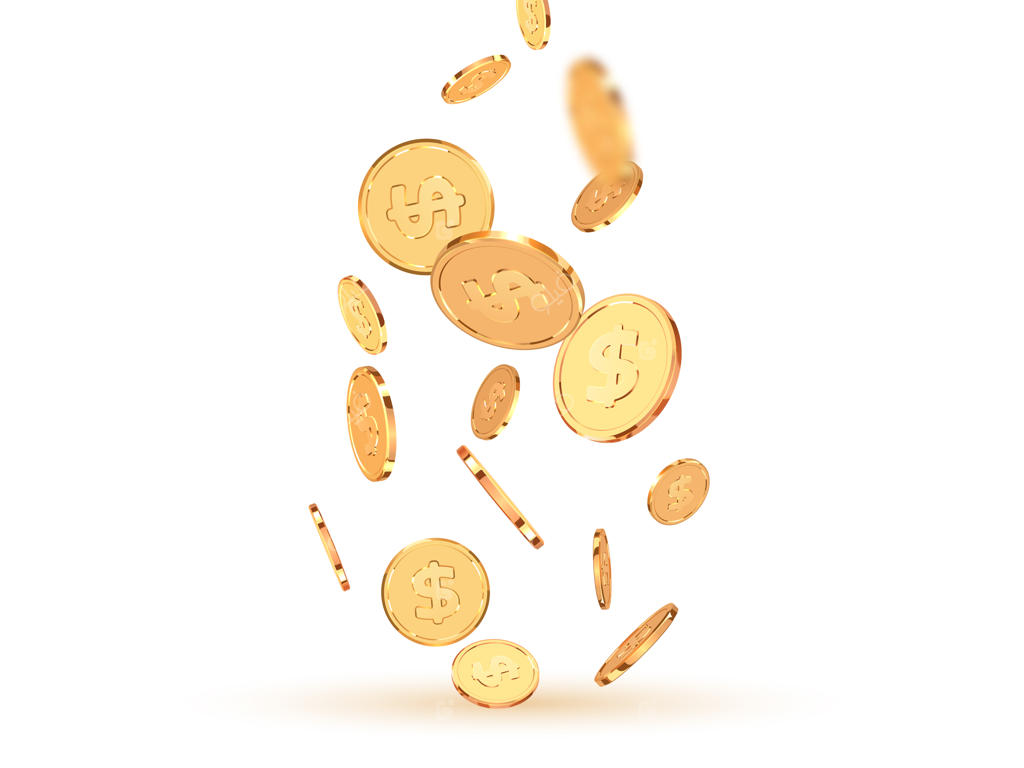 طراحی سه‌بعدی واقع‌گرایانه سکه‌های دلاری طلایی: تصویرسازی وکتور از سکه‌های فلزی طلایی