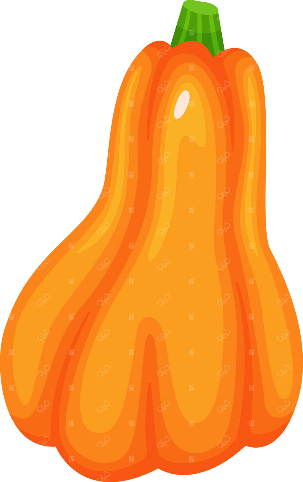 تصویر کارتونی یک کدو تنبل رسیده نارنجی با ساقه سبز، تازه چیده شده از باغ برای تزئینات هالووین یا شکرگزاری آماده است.
