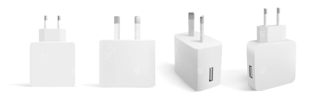 طرح ماکت دوشاخه برق سفید. تجهیزات پریز پلاستیکی. تصویرسازی واقع‌گرایانه وکتور.