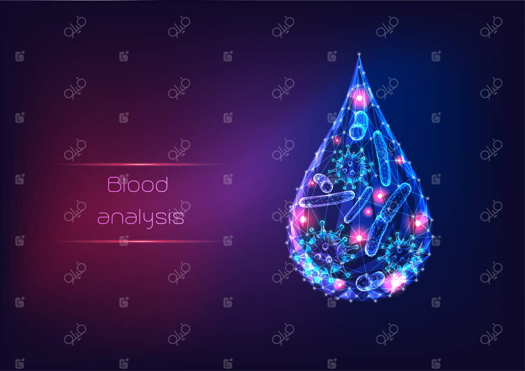 میکروب‌ها، ویروس‌ها و باکتری‌های کم‌چندضلعی و درخشان آینده‌گرا درون قطره خون یا آب.