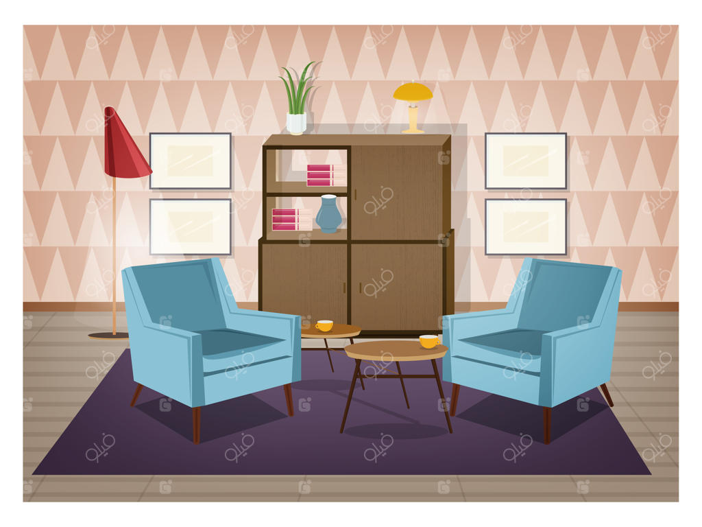 دکوراسیون داخلی نشیمن به سبک رترو: مبلمان و تزئینات کلاسیک مانند صندلی‌های راحتی، فرش، میز قهوه‌خوری، بوفه، چراغ پایه‌دار و تابلوهای دیواری. تصویرسازی کارتونی.