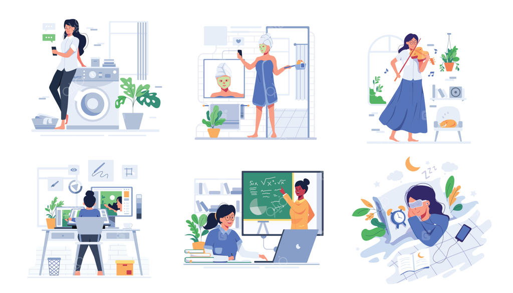 دسته‌ای از سبک زندگی مردم در خانه با شخصیت‌های کارتونی و تصویرسازی تخت