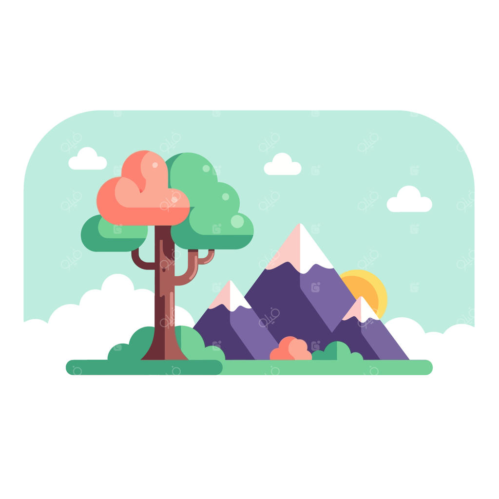 منظره‌ای هنری با درخت، کوه‌ها، خورشید و ابرها به سبک طراحی تخت