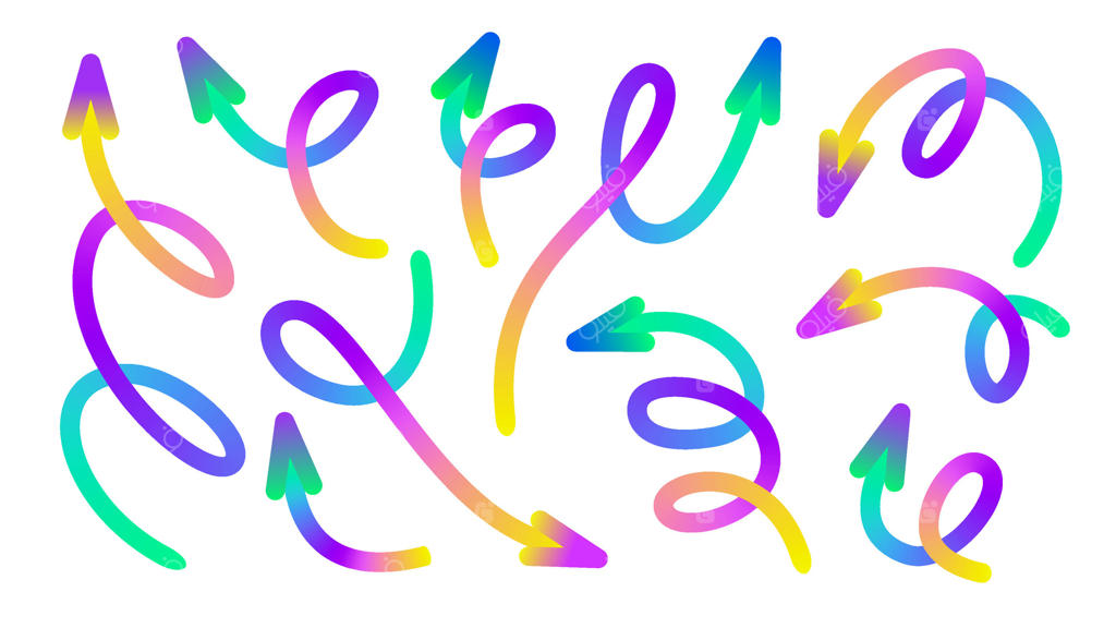 مجموعه‌ای از فلش‌های گرادیانی رنگارنگ با اشکال و جهت‌های مختلف