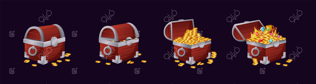 صندوقچه گنج چوبی: گنجینه‌های پر از جواهرات، سکه‌های باستانی و طلا در صندوقی باز یا بسته، طراحی شده برای دنیای فانتزی و بازی‌ها