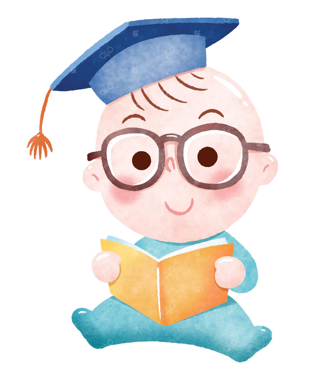 نوزاد با کلاه فارغ‌التحصیلی و عینک در حال خواندن کتاب