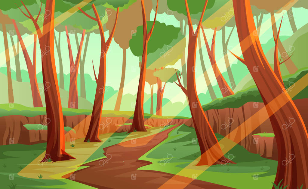 تصویر منظره جنگل: صحنه‌ای از جنگل گرمسیری با درختان و نور خورشید