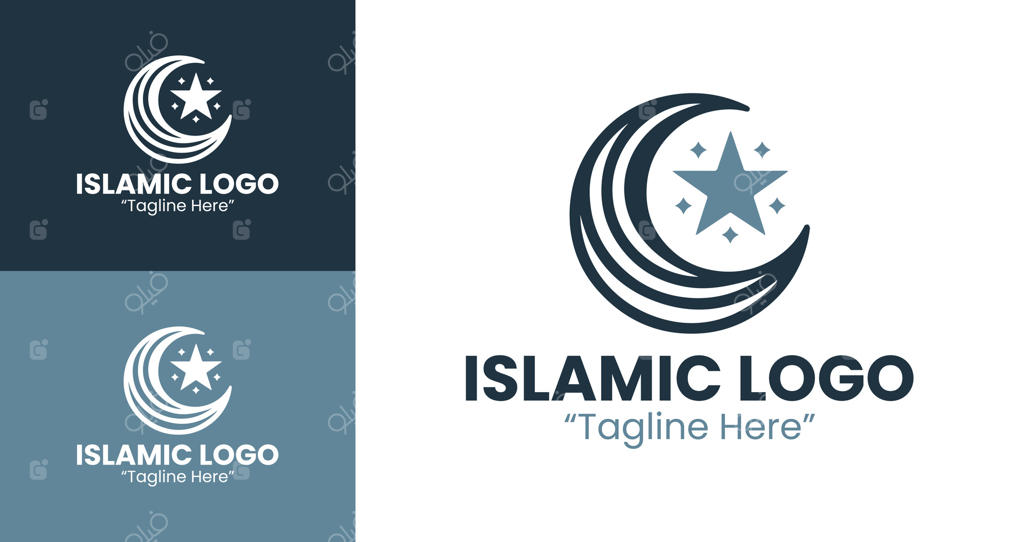 لوگوی اسلامی مدرن و شیک با هلال ماه و ستاره در رنگ‌های آبی روشن و آبی تیره برای هویت شرکتی