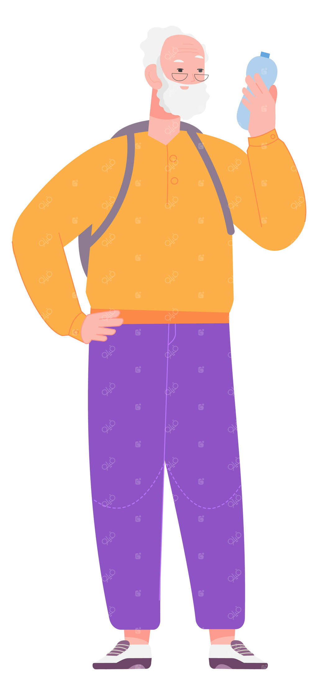 پیاده‌روی پیرمرد با قمقمه و کوله‌پشتی مسافر کهنه‌کار