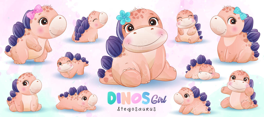 ژست‌های بامزه دایناسور کوچک با تصویرسازی آبرنگی