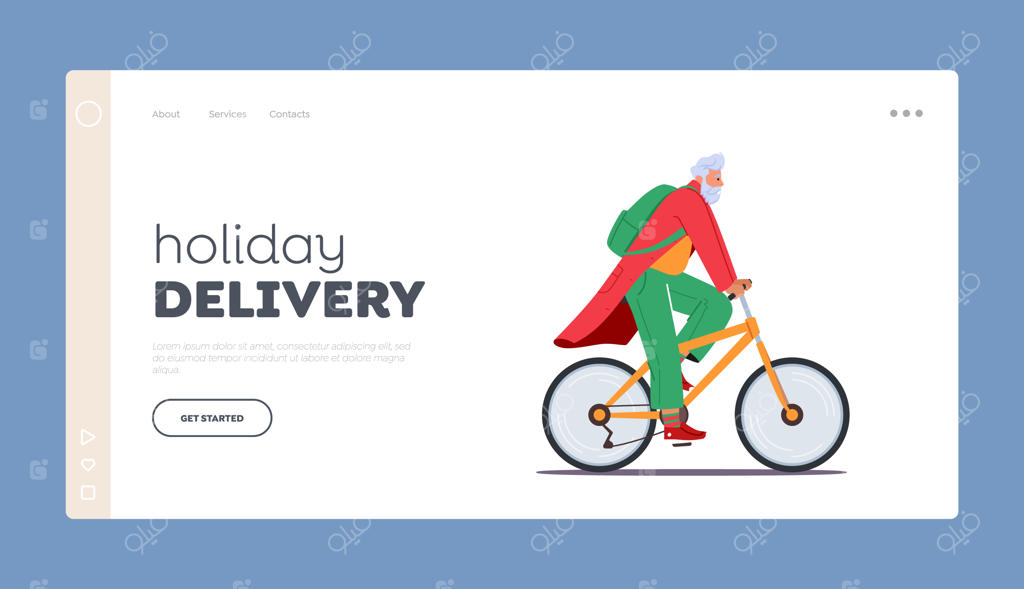 قالب صفحه فرود برای تحویل تعطیلات: بابانوئل مدرن سوار دوچرخه در لباس‌های کریسمسی
