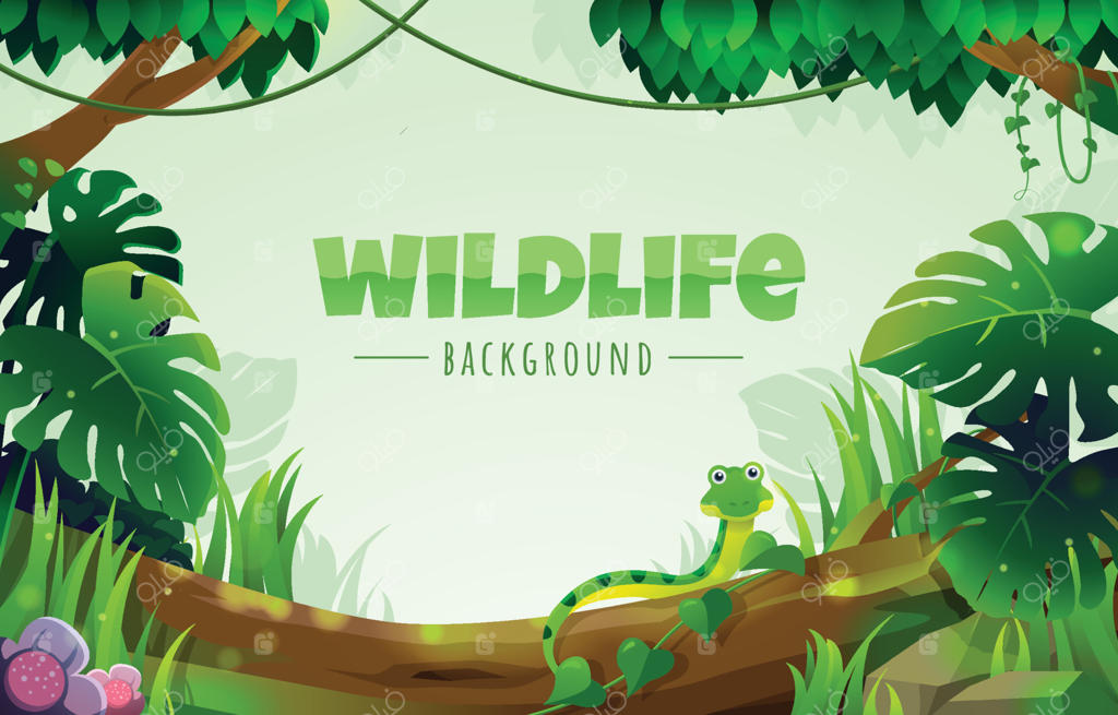 جنگل عمیق استوایی با ماری سبز روی تنه درخت