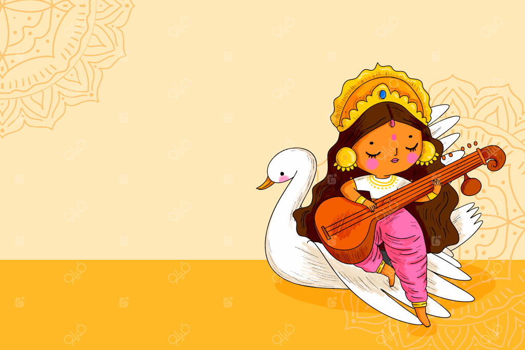 ساراسواتی در حال نواختن وینا در پس‌زمینه