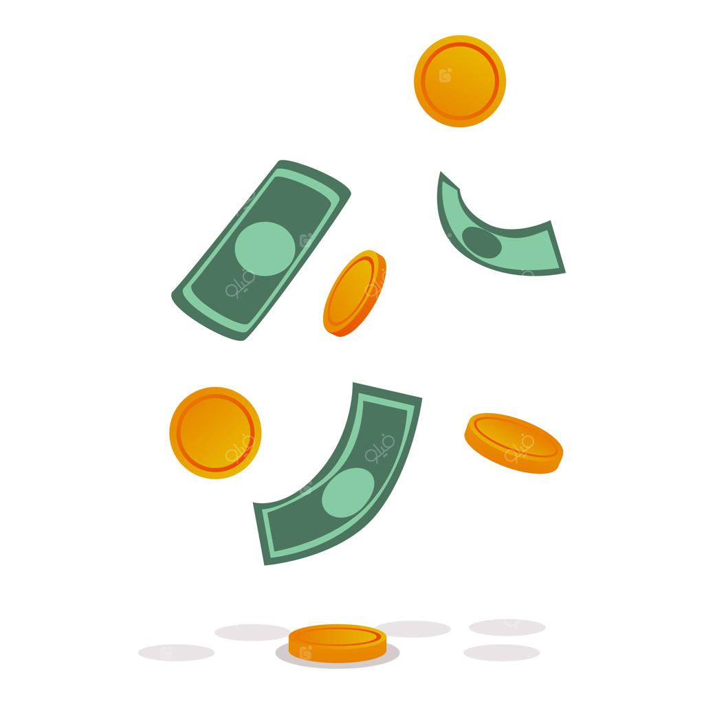 آیکون وکتور کارتونی اسکناس دلار و سکه‌های طلا برای طراحی وب، جداشده در پس‌زمینه سفید