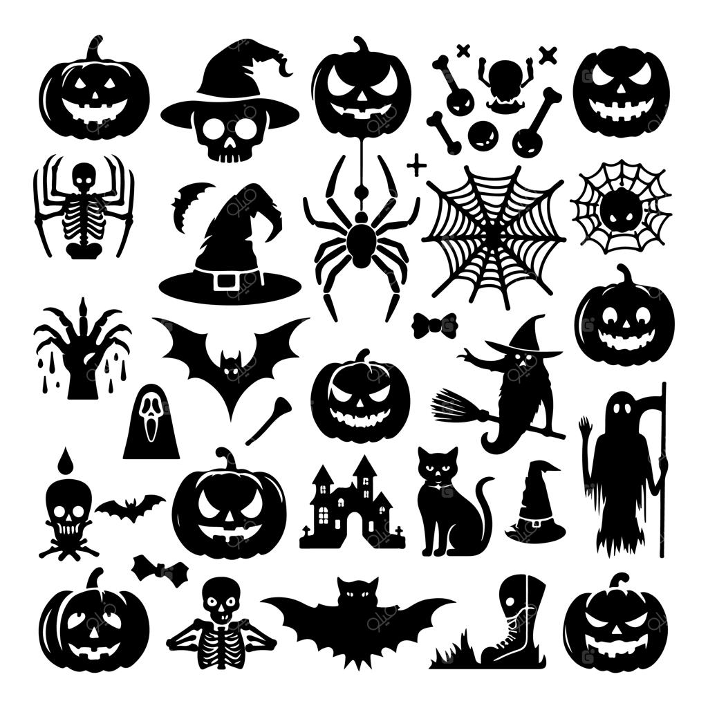 مجموعه آیتم‌های هالووین شامل کدو تنبل و جادوگر