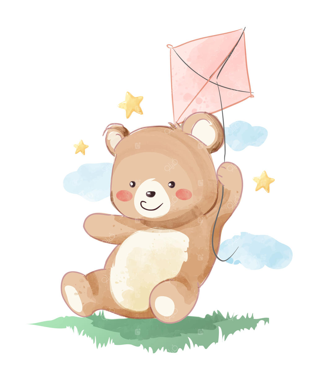 تصویر خرسی دوست‌داشتنی که در چمنزار بادبادک‌بازی می‌کند