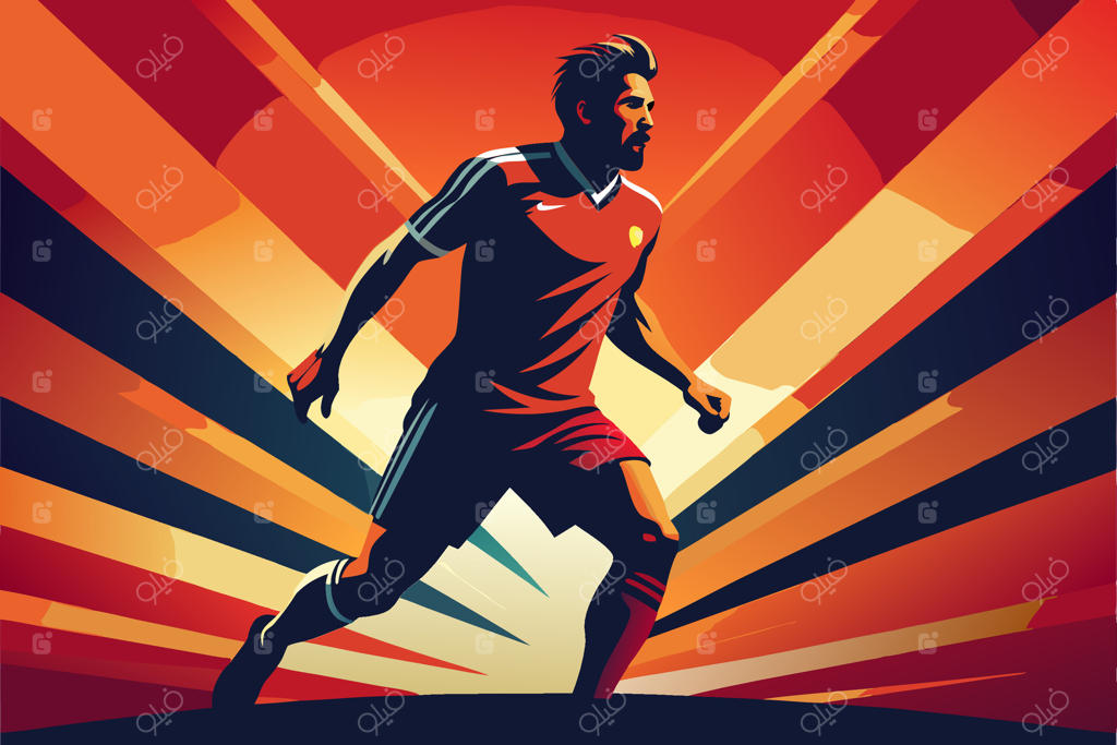 بازیکن فوتبال در پس‌زمینه قرمز با پرتوهای خورشید