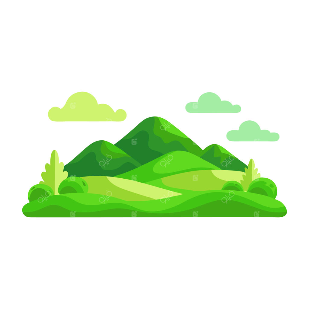 تصویرسازی وکتور فلت منظره تپه‌های سبز در پس‌زمینه سفید