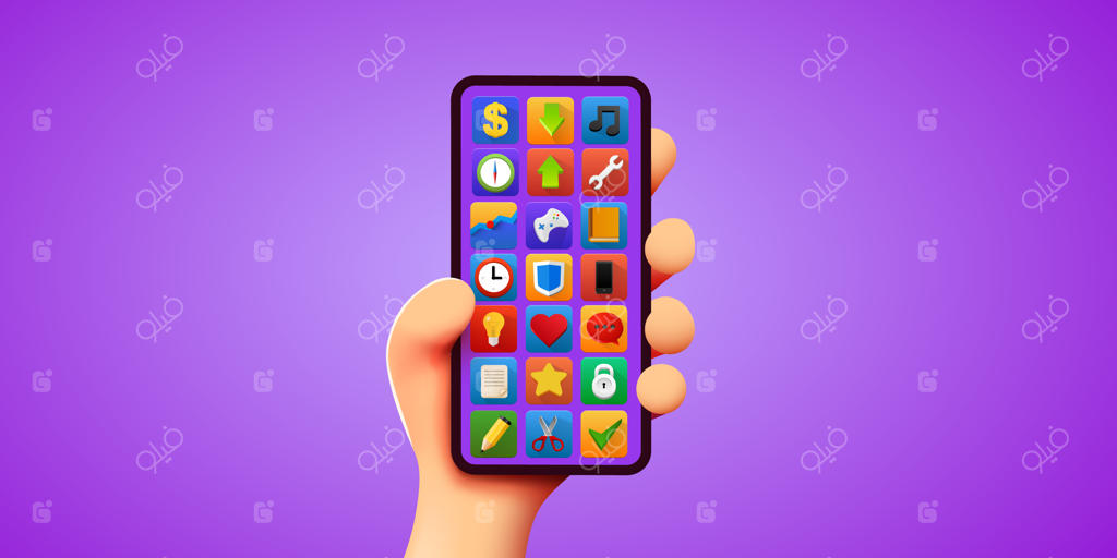 طرح مفهومی مدرن تلفن همراه در دستان کارتونی زیبا