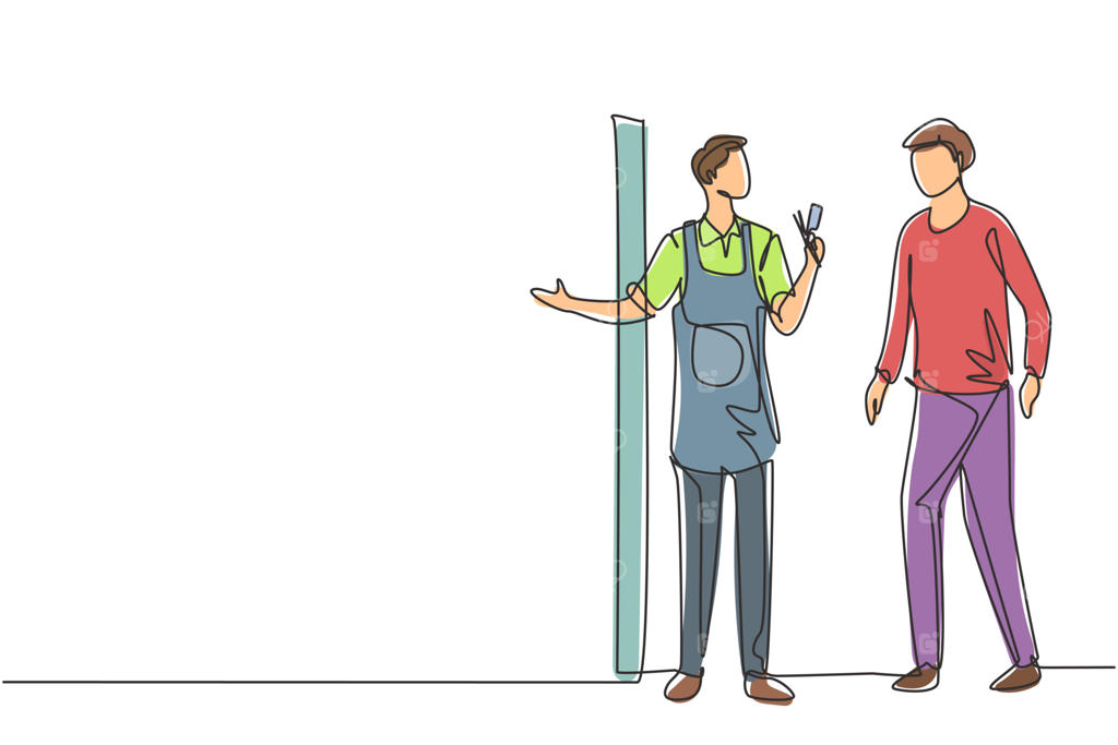 یک نقاشی خطی مدرن: مشتری هیپستر به آرایشگاه می‌رود و آرایشگر به او خوش‌آمد می‌گوید. مفهوم آقای آرایشگر. طراحی وکتور با خطوط پیوسته.