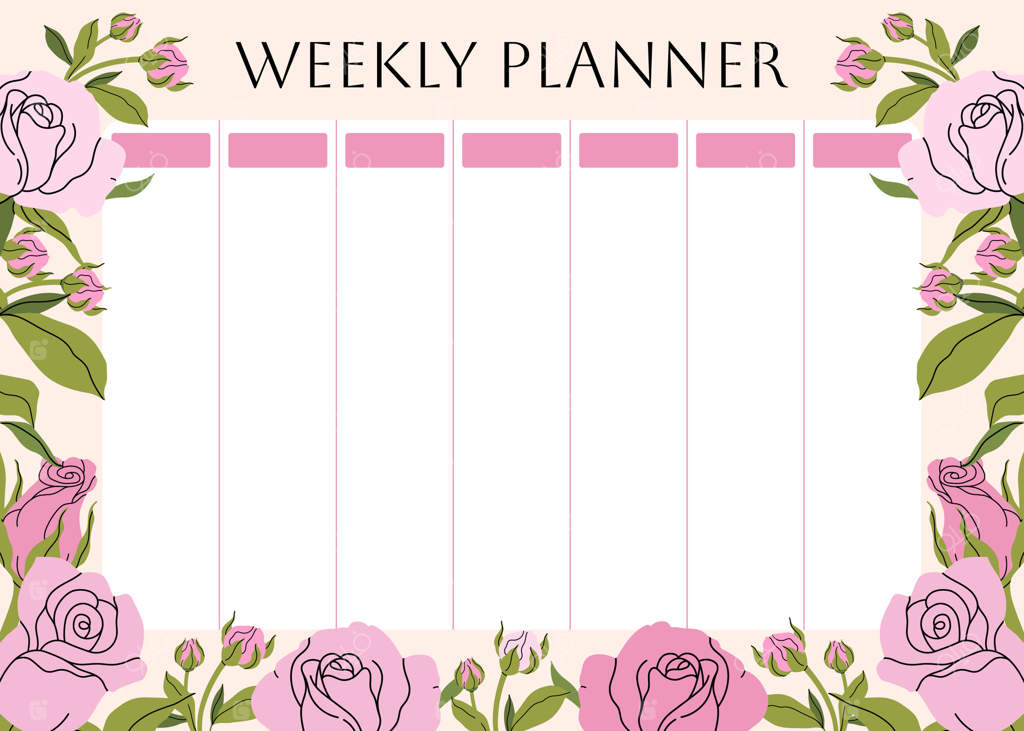 برنامه هفتگی با طرح گل‌های شیک: پس‌زمینه‌ای از گل‌های رز صورتی باغچه، گل‌های بهاری و برگ‌ها برای یادداشت‌ها. برنامه‌ریزی زیبا برای ۷ روز هفته. قالب طراحی برنامه برای کودکان. تصویرسازی به صورت تخت