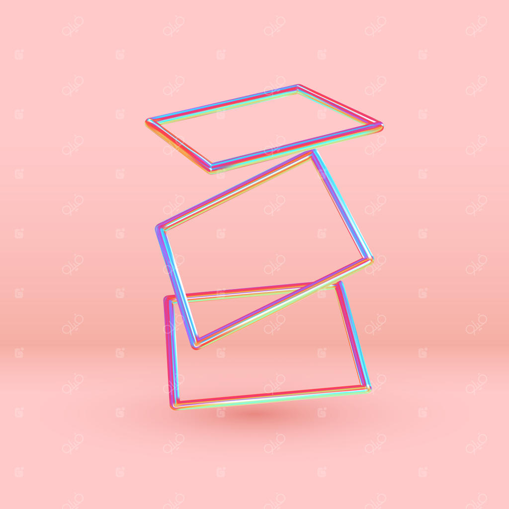 پس‌زمینه مینیمال انتزاعی با عناصر رنگی آبی و صورتی بصورت هولوگرام و قاب مربع شناور در فضا. پوستر با اشکال هندسی و حجم‌دار سه بعدی واقعی. نمایش تصویری وکتور