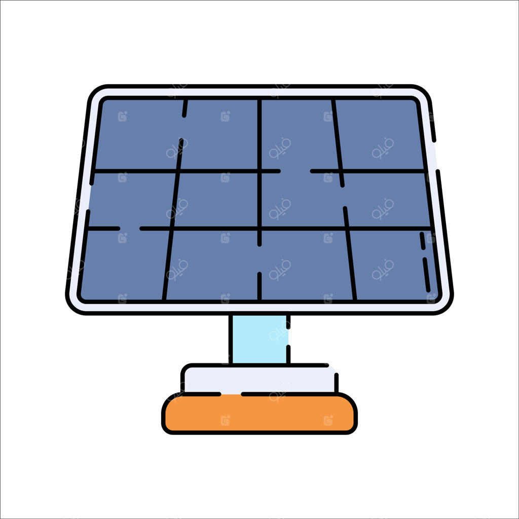 سبک طراحی مسطح پنل خورشیدی، پنل خورشیدی روی پایه، نمایانگر انرژی تجدیدپذیر خورشیدی، ایده‌آل برای تم‌های دوست‌دار محیط زیست، تصاویر پایداری و گرافیک‌های فناوری.