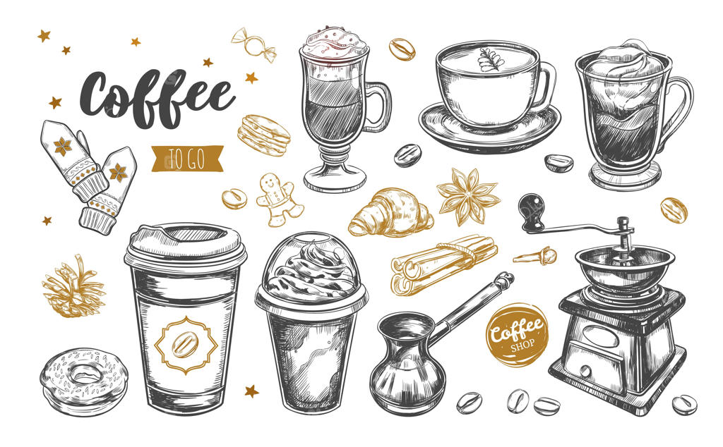 مجموعه قهوه و قهوه بیرون‌بر. طرح‌های دستی.