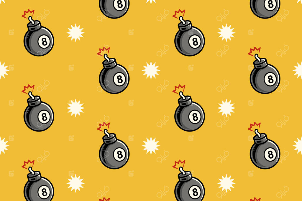 توپ بیلیارد و آتش در پس‌زمینه زرد: پترن تکراری توپ سیاه بیلیارد و بمب شعله‌ور برای تزئین و محصولات بیلیارد