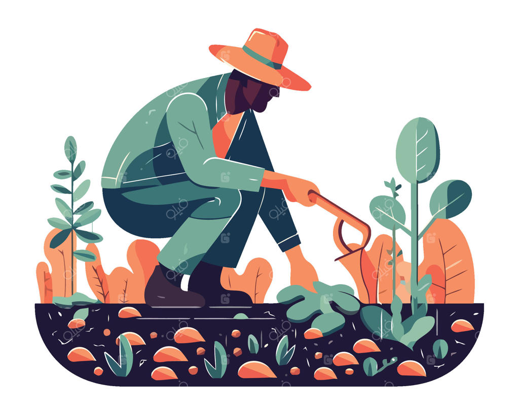 تصویری از مردی با کلاه که در باغ مشغول کار است