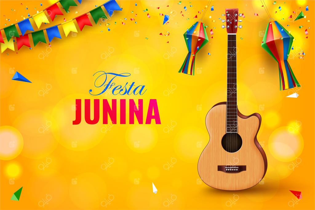 طراحی پس‌زمینه بنر انتزاعی زرد برای جشن جونینا با تصویر گیتار