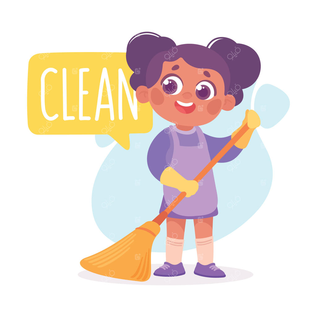 تصویرسازی دختربچه در حال جارو کردن برای آموزش تصویری افعال و واژگان