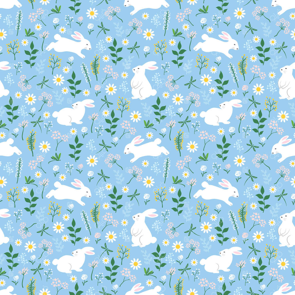 پترن یکپارچه با خرگوش‌های بامزه و گل‌های وحشی در باغ بهاری برای عید پاک شادی آور