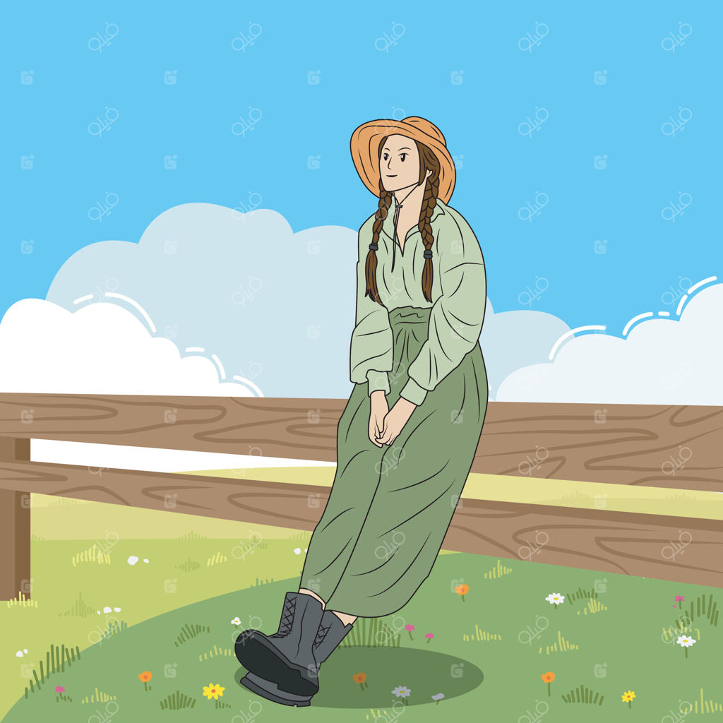 تصویر زنی کشاورز که در باغ گل به حصار چوبی تکیه داده است