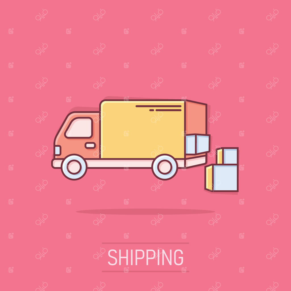 آیکون ارسال سریع به سبک کمیک. تصویر کارتونی کامیون تحویل روی پس‌زمینه‌ای جدا شده. مفهوم کسب‌وکار با جلوه‌ای از انفجار لوجستیک سریع.