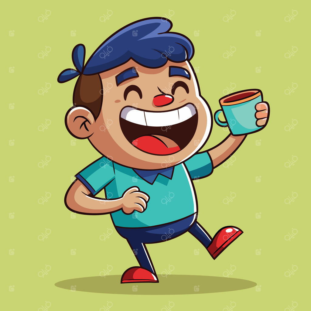 پسرک کارتونی بامزه با یک فنجان قهوه در دست